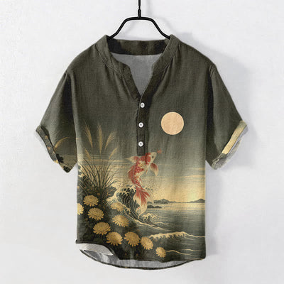 Buddha Stones Cotton Koi Fish Wave Moon Pattern Men's Short Sleeve Half Button Shirt - Olive - US/UK/AU50，EU60 (5XL) - image 5