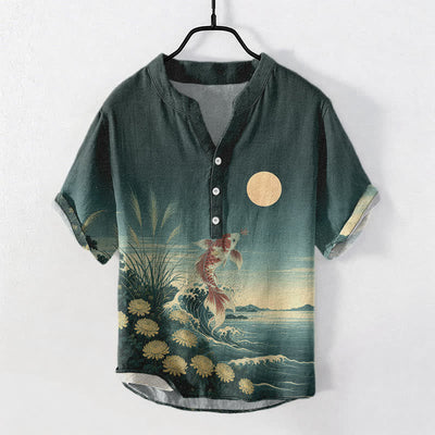 Buddha Stones Cotton Koi Fish Wave Moon Pattern Men's Short Sleeve Half Button Shirt - Teal - US/UK/AU50，EU60 (5XL) - image 7