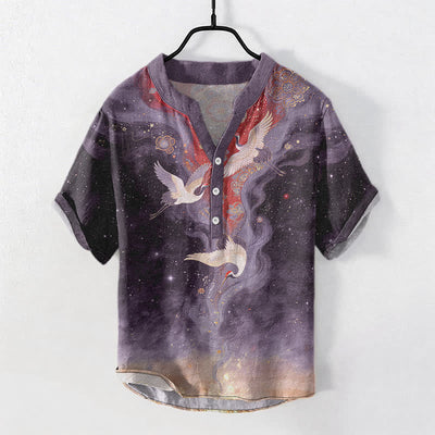 Buddha Stones Cotton White Crane Cloudscape Pattern Men's Short Sleeve Half Button Shirt - Purple - US/UK/AU50，EU60 (5XL) - image 7