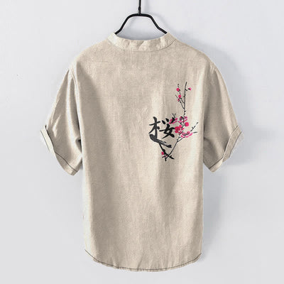 Buddha Stones Cotton Plum Blossom Calligraphy Pattern Men's Short Sleeve Half Button Shirt - image 1