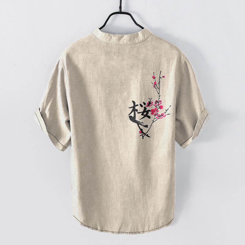 Buddha Stones Cotton Plum Blossom Calligraphy Pattern Men's Short Sleeve Half Button Shirt - image 1