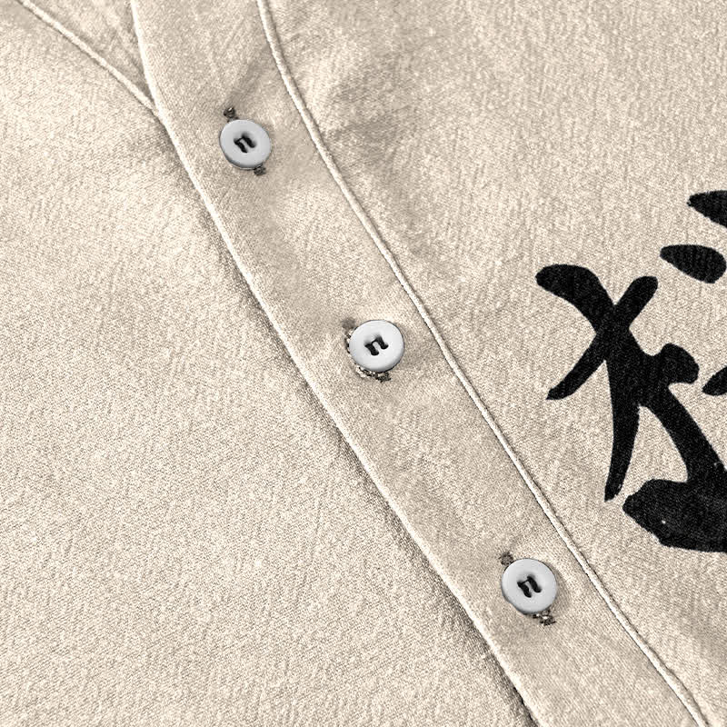 Buddha Stones Cotton Plum Blossom Calligraphy Pattern Men's Short Sleeve Half Button Shirt - image 3