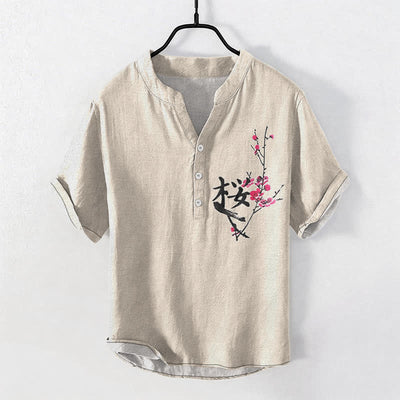 Buddha Stones Cotton Plum Blossom Calligraphy Pattern Men's Short Sleeve Half Button Shirt - Beige - US/UK/AU50，EU60 (5XL) - image 0