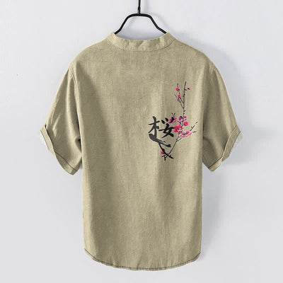 Buddha Stones Cotton Plum Blossom Calligraphy Pattern Men's Short Sleeve Half Button Shirt - image 6