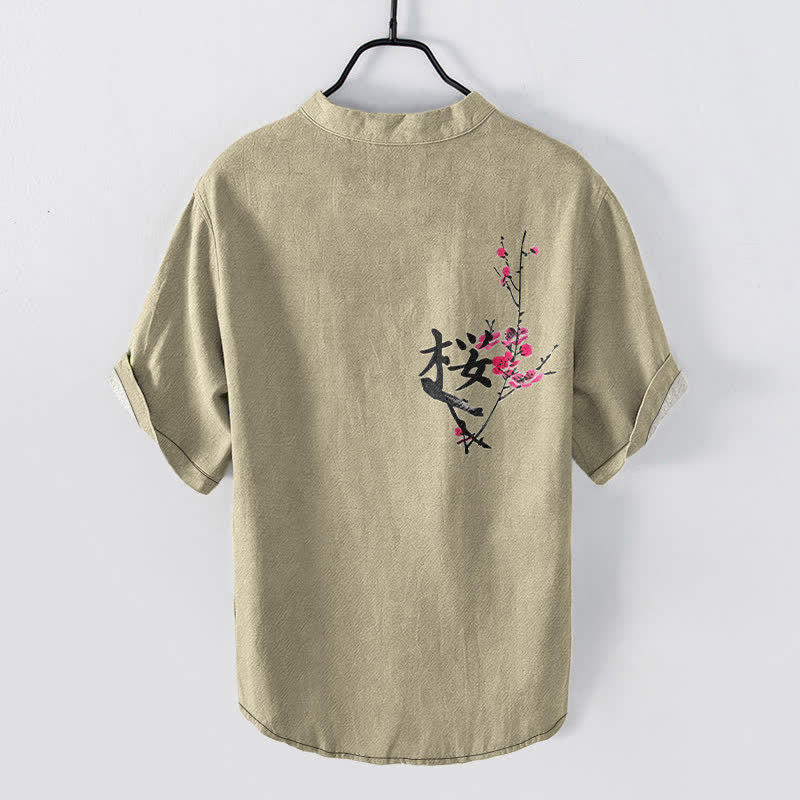 Buddha Stones Cotton Plum Blossom Calligraphy Pattern Men's Short Sleeve Half Button Shirt - image 6