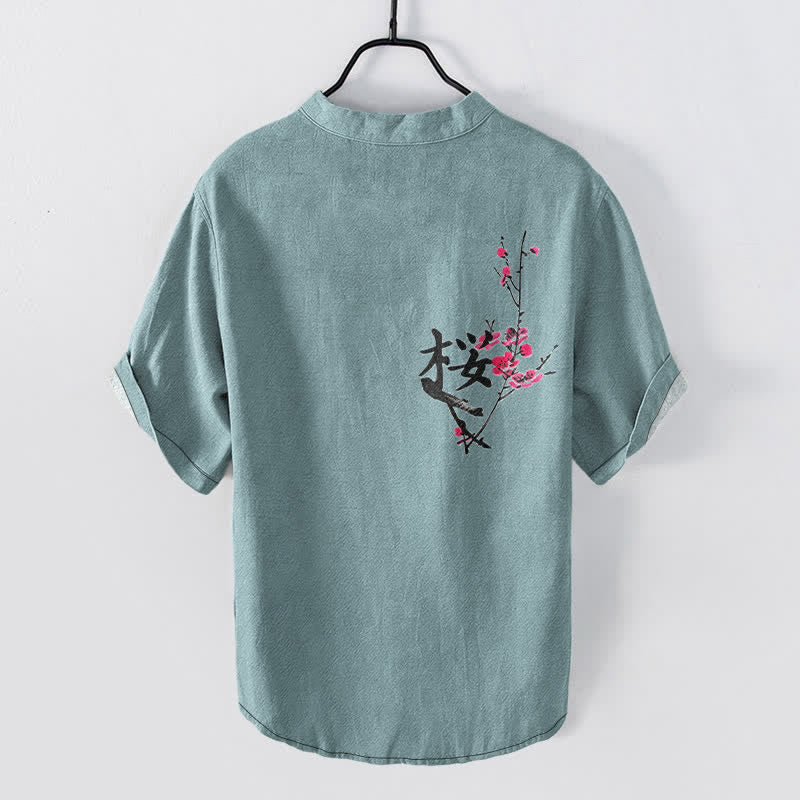 Buddha Stones Cotton Plum Blossom Calligraphy Pattern Men's Short Sleeve Half Button Shirt - image 8