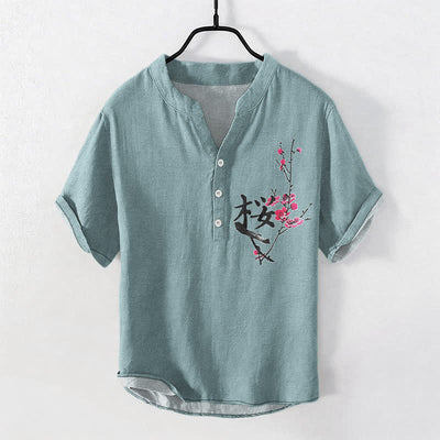 Buddha Stones Cotton Plum Blossom Calligraphy Pattern Men's Short Sleeve Half Button Shirt - CadetBlue - US/UK/AU50，EU60 (5XL) - image 7