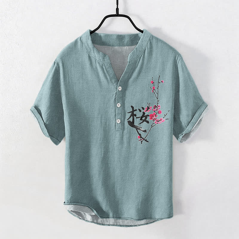 Buddha Stones Cotton Plum Blossom Calligraphy Pattern Men's Short Sleeve Half Button Shirt - CadetBlue - US/UK/AU50，EU60 (5XL) - image 7