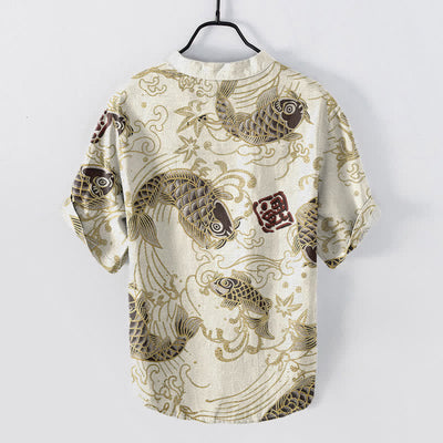 Buddha Stones Cotton Vintage Koi Wave Pattern Men's Short Sleeve Half Button Shirt - image 1
