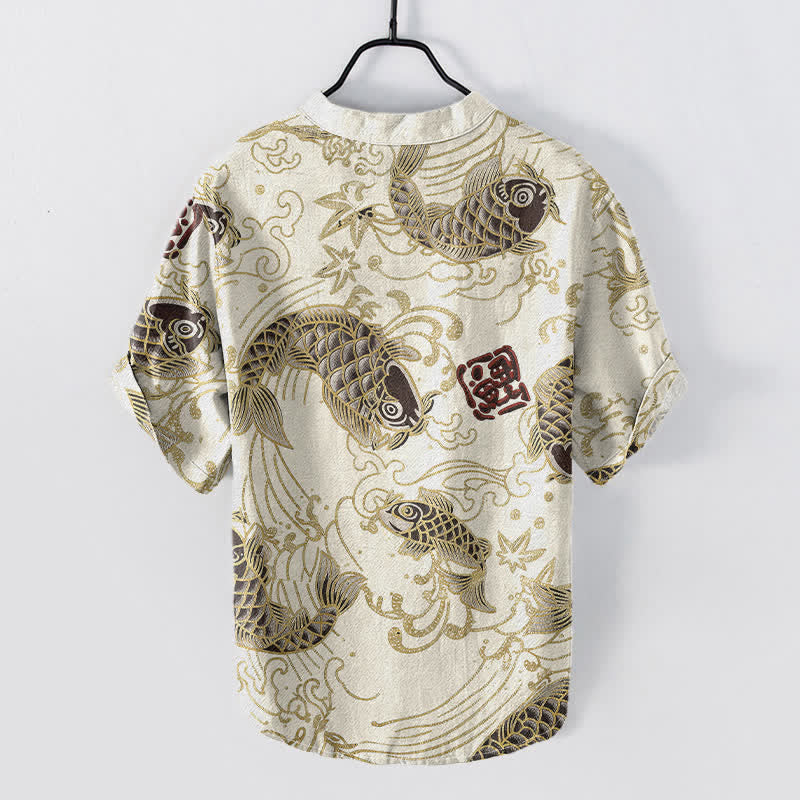 Buddha Stones Cotton Vintage Koi Wave Pattern Men's Short Sleeve Half Button Shirt - image 1