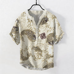 Buddha Stones Cotton Vintage Koi Wave Pattern Men's Short Sleeve Half Button Shirt - Beige - US/UK/AU50，EU60 (5XL) - image 0