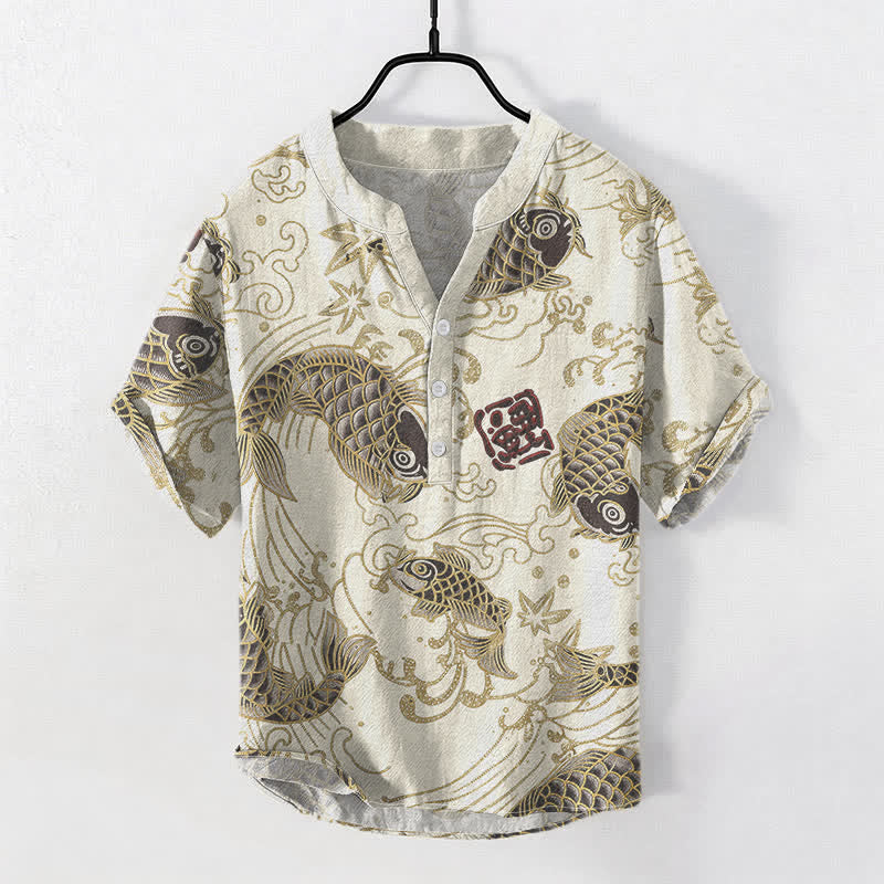 Buddha Stones Cotton Vintage Koi Wave Pattern Men's Short Sleeve Half Button Shirt - Beige - US/UK/AU50，EU60 (5XL) - image 0