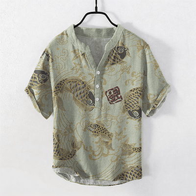 Buddha Stones Cotton Vintage Koi Wave Pattern Men's Short Sleeve Half Button Shirt - DarkSeaGreen - US/UK/AU50，EU60 (5XL) - image 3