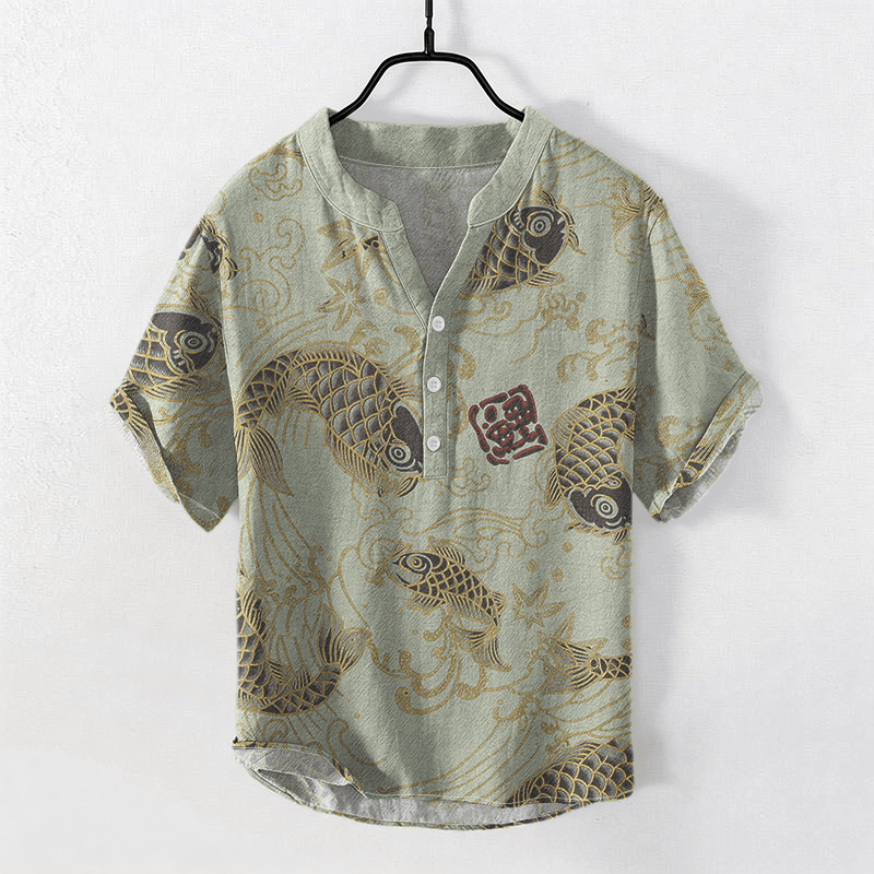 Buddha Stones Cotton Vintage Koi Wave Pattern Men's Short Sleeve Half Button Shirt - DarkSeaGreen - US/UK/AU50，EU60 (5XL) - image 3