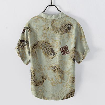 Buddha Stones Cotton Vintage Koi Wave Pattern Men's Short Sleeve Half Button Shirt - image 4