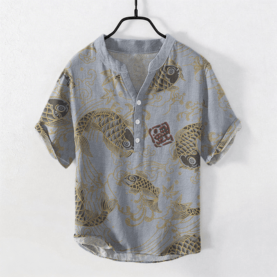 Buddha Stones Cotton Vintage Koi Wave Pattern Men's Short Sleeve Half Button Shirt - LightSteelBlue - US/UK/AU50，EU60 (5XL) - image 5