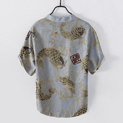 Buddha Stones Cotton Vintage Koi Wave Pattern Men's Short Sleeve Half Button Shirt - image 6