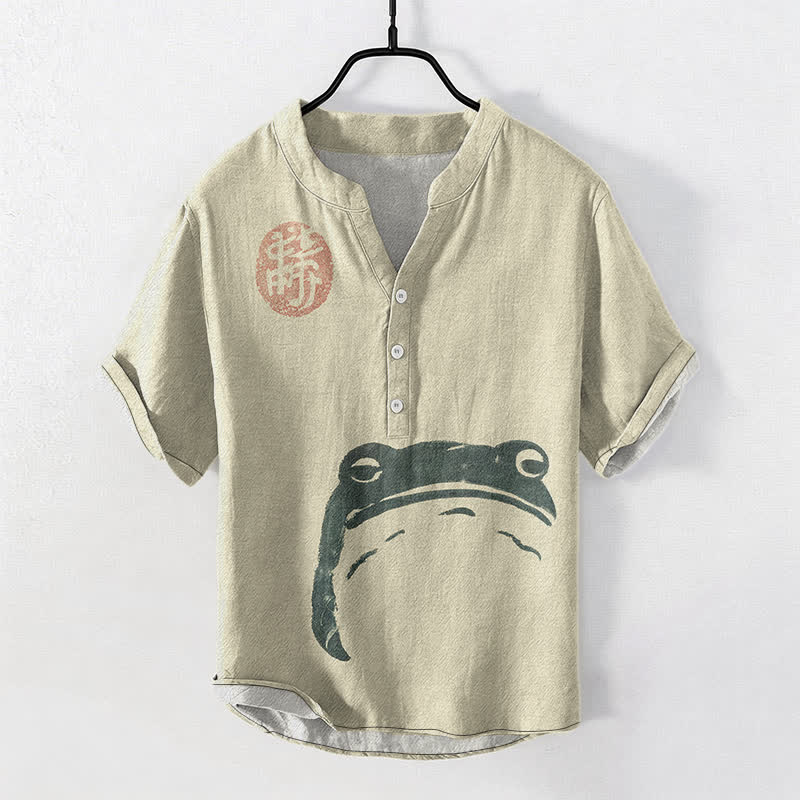 Buddha Stones Cotton Vintage Frog Stamp Pattern Men's Short Sleeve Half Button Shirt - Beige - US/UK/AU50，EU60 (5XL) - image 0