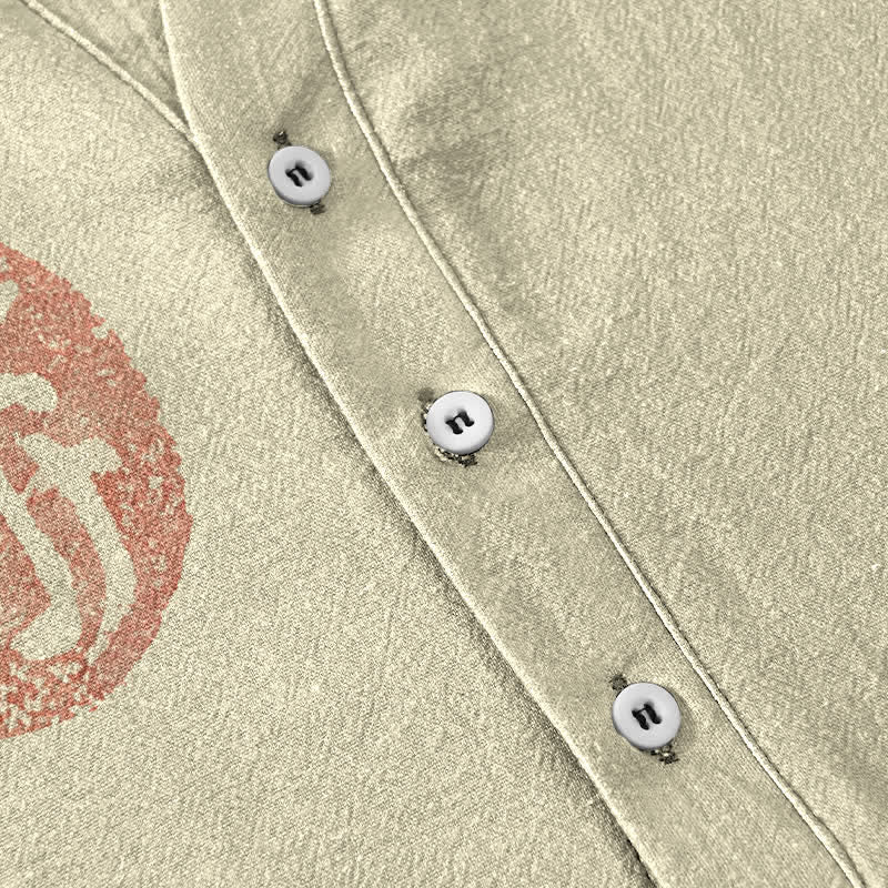 Buddha Stones Cotton Vintage Frog Stamp Pattern Men's Short Sleeve Half Button Shirt - image 3