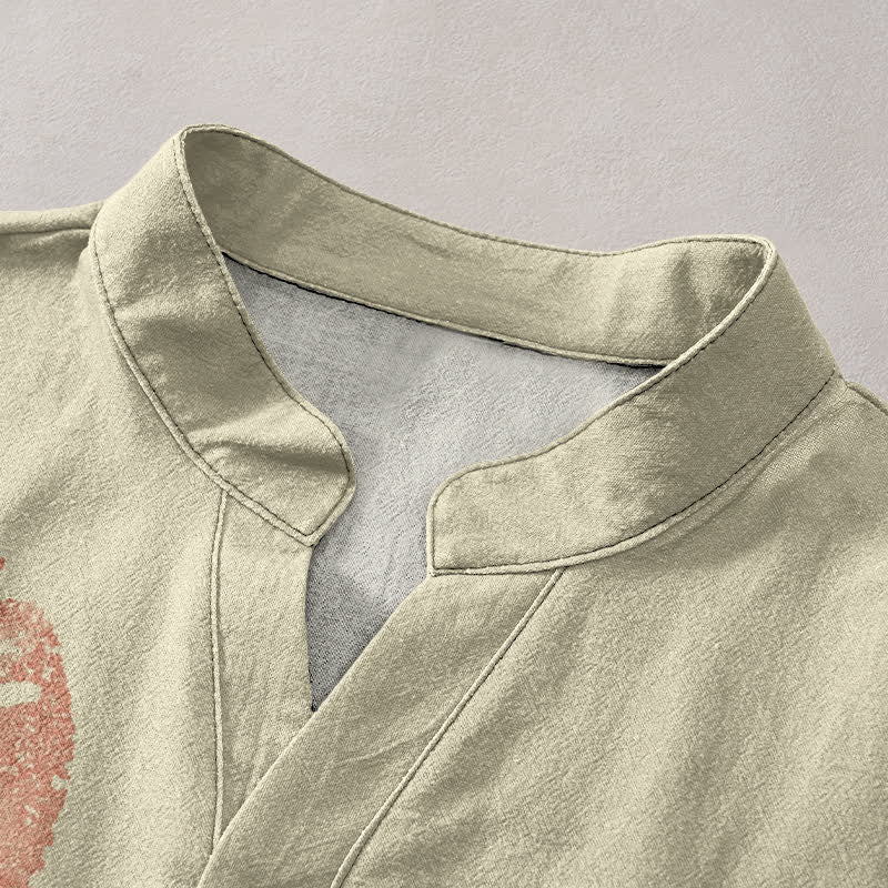 Buddha Stones Cotton Vintage Frog Stamp Pattern Men's Short Sleeve Half Button Shirt - image 2