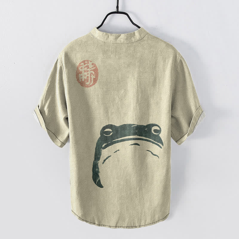 Buddha Stones Cotton Vintage Frog Stamp Pattern Men's Short Sleeve Half Button Shirt - image 1
