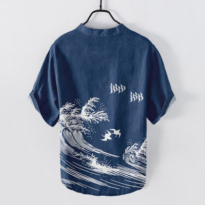 Buddha Stones Cotton Ocean Wave Bird Pattern Men's Short Sleeve Half Button Shirt - image 1
