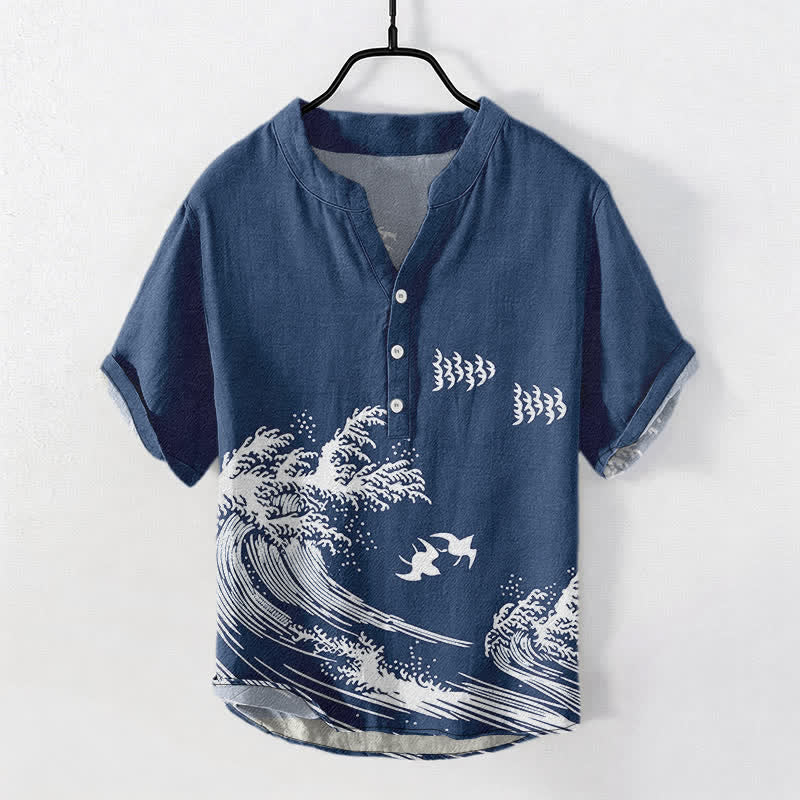 Buddha Stones Cotton Ocean Wave Bird Pattern Men's Short Sleeve Half Button Shirt - Navy - US/UK/AU50，EU60 (5XL) - image 0