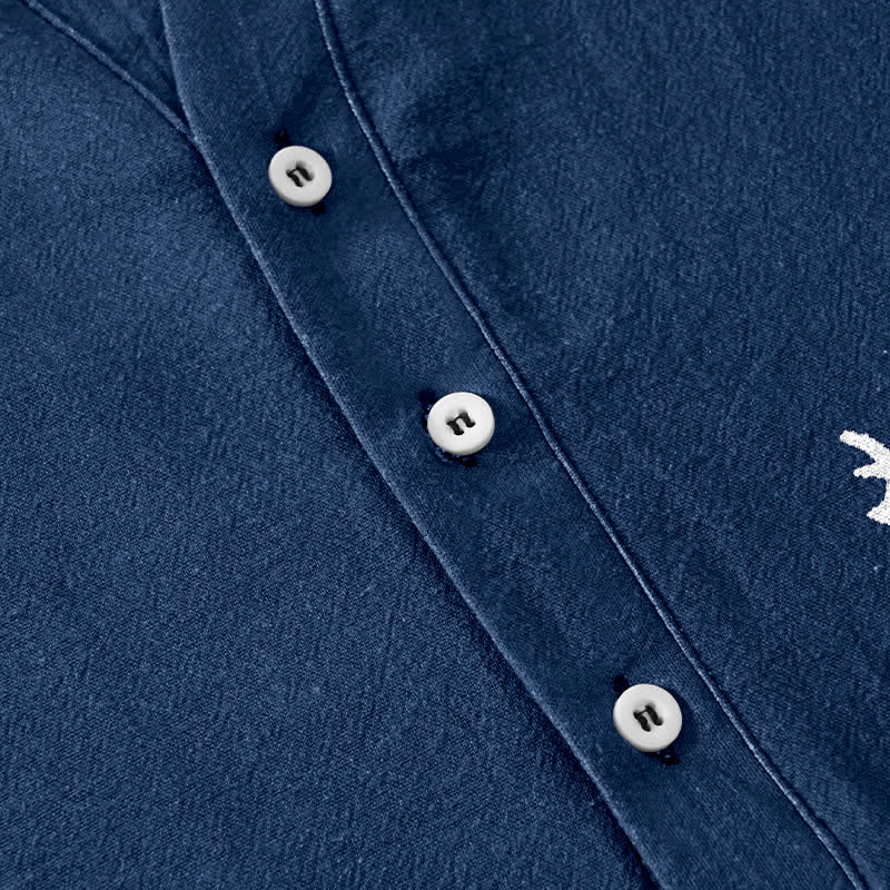 Buddha Stones Cotton Ocean Wave Bird Pattern Men's Short Sleeve Half Button Shirt - image 3
