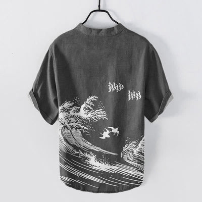 Buddha Stones Cotton Ocean Wave Bird Pattern Men's Short Sleeve Half Button Shirt - image 6