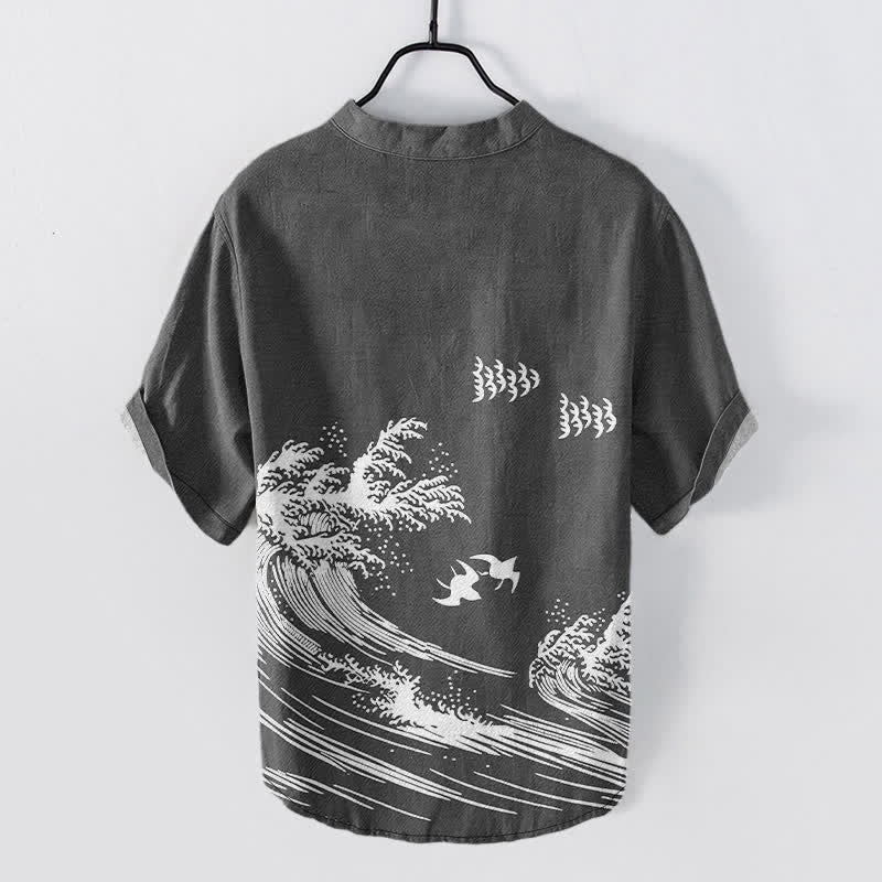 Buddha Stones Cotton Ocean Wave Bird Pattern Men's Short Sleeve Half Button Shirt - image 6