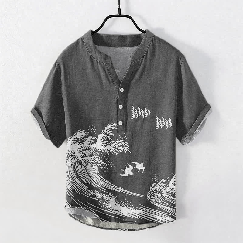 Buddha Stones Cotton Ocean Wave Bird Pattern Men's Short Sleeve Half Button Shirt - DimGray - US/UK/AU50，EU60 (5XL) - image 5