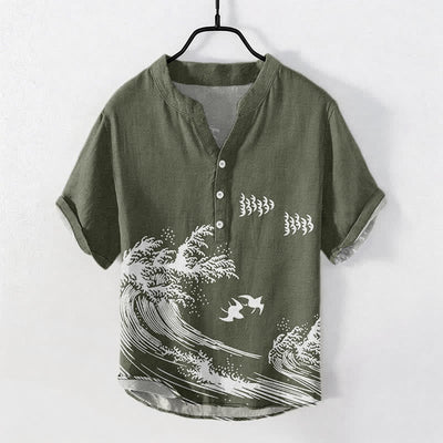 Buddha Stones Cotton Ocean Wave Bird Pattern Men's Short Sleeve Half Button Shirt - DarkOliveGreen - US/UK/AU50，EU60 (5XL) - image 7