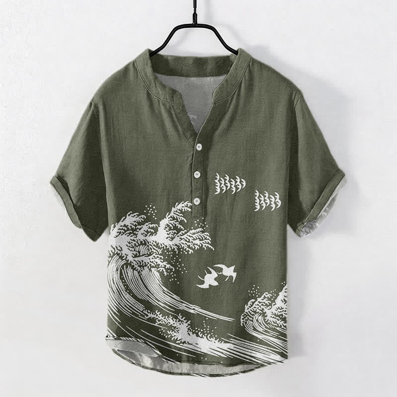 Buddha Stones Cotton Ocean Wave Bird Pattern Men's Short Sleeve Half Button Shirt - DarkOliveGreen - US/UK/AU50，EU60 (5XL) - image 7