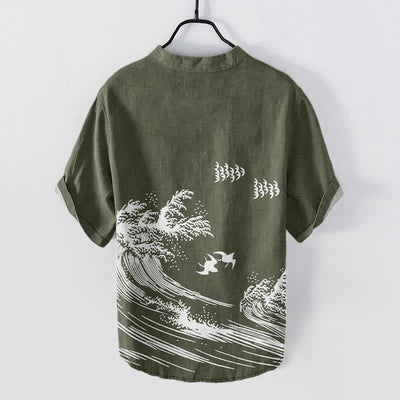 Buddha Stones Cotton Ocean Wave Bird Pattern Men's Short Sleeve Half Button Shirt - image 8