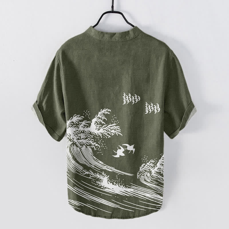 Buddha Stones Cotton Ocean Wave Bird Pattern Men's Short Sleeve Half Button Shirt - image 8
