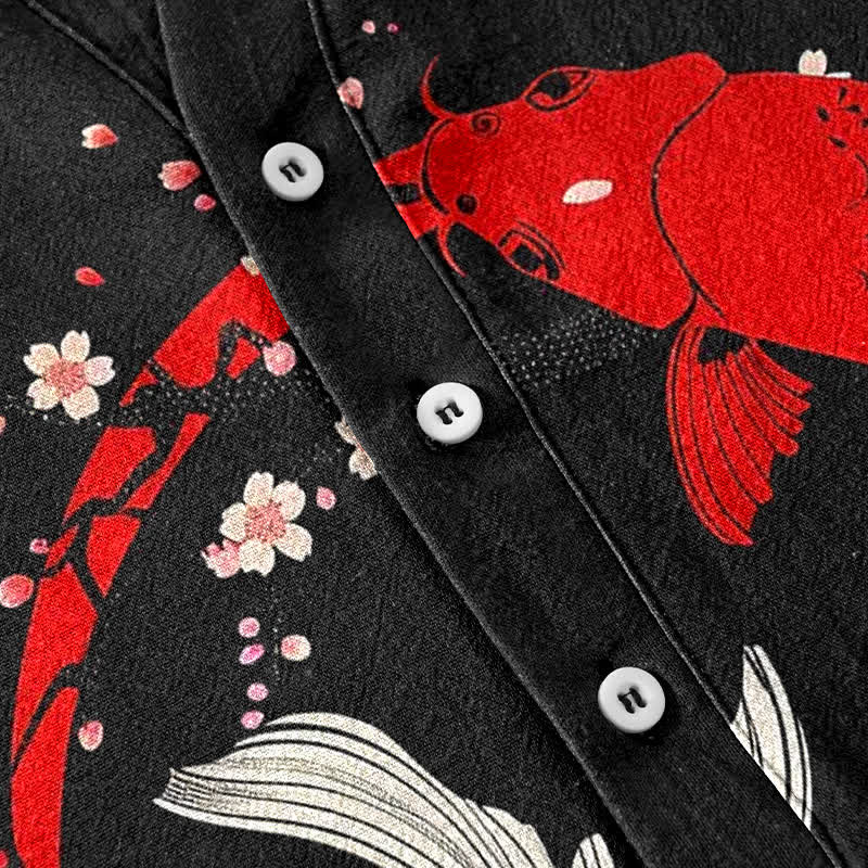 Buddha Stones Cotton Twin Koi Sakura Pattern Men's Short Sleeve Half Button Shirt - image 3