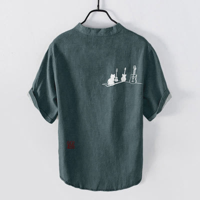 Buddha Stones Cotton Cat Guitar Sketch Pattern Men's Short Sleeve Half Button Shirt - image 1