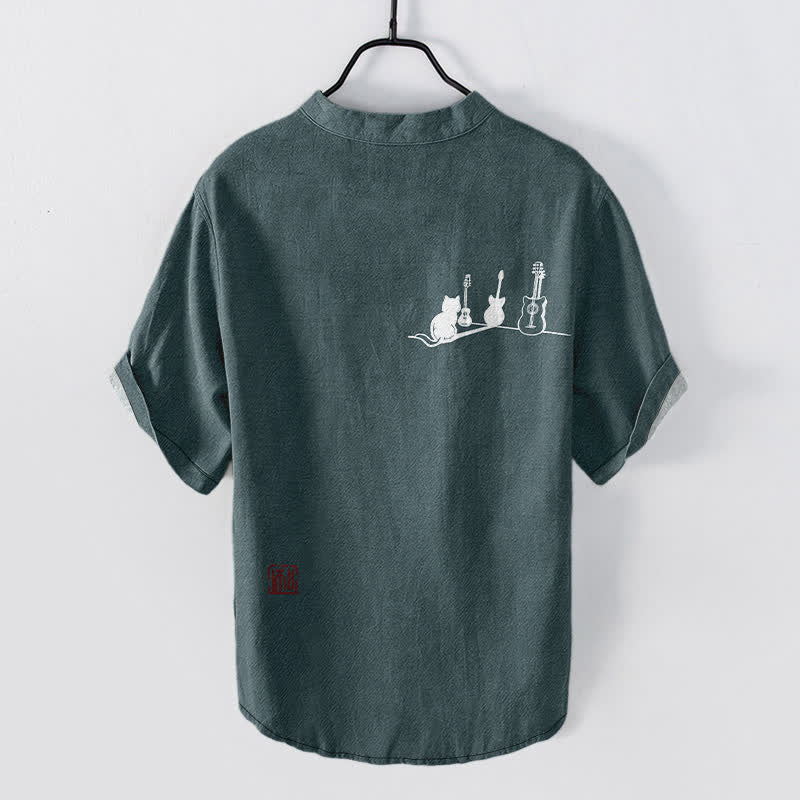 Buddha Stones Cotton Cat Guitar Sketch Pattern Men's Short Sleeve Half Button Shirt - image 1