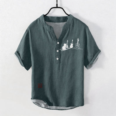 Buddha Stones Cotton Cat Guitar Sketch Pattern Men's Short Sleeve Half Button Shirt - Teal - US/UK/AU50，EU60 (5XL) - image 0