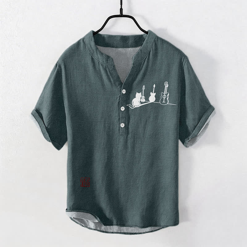 Buddha Stones Cotton Cat Guitar Sketch Pattern Men's Short Sleeve Half Button Shirt - Teal - US/UK/AU50，EU60 (5XL) - image 0