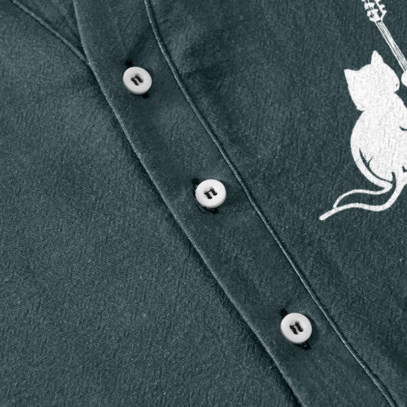 Buddha Stones Cotton Cat Guitar Sketch Pattern Men's Short Sleeve Half Button Shirt - image 3