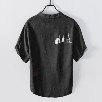 Buddha Stones Cotton Cat Guitar Sketch Pattern Men's Short Sleeve Half Button Shirt - image 6