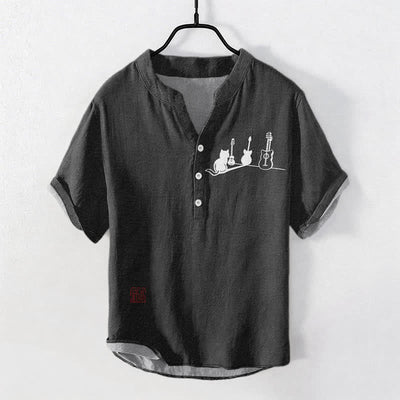 Buddha Stones Cotton Cat Guitar Sketch Pattern Men's Short Sleeve Half Button Shirt - Black - US/UK/AU50，EU60 (5XL) - image 5