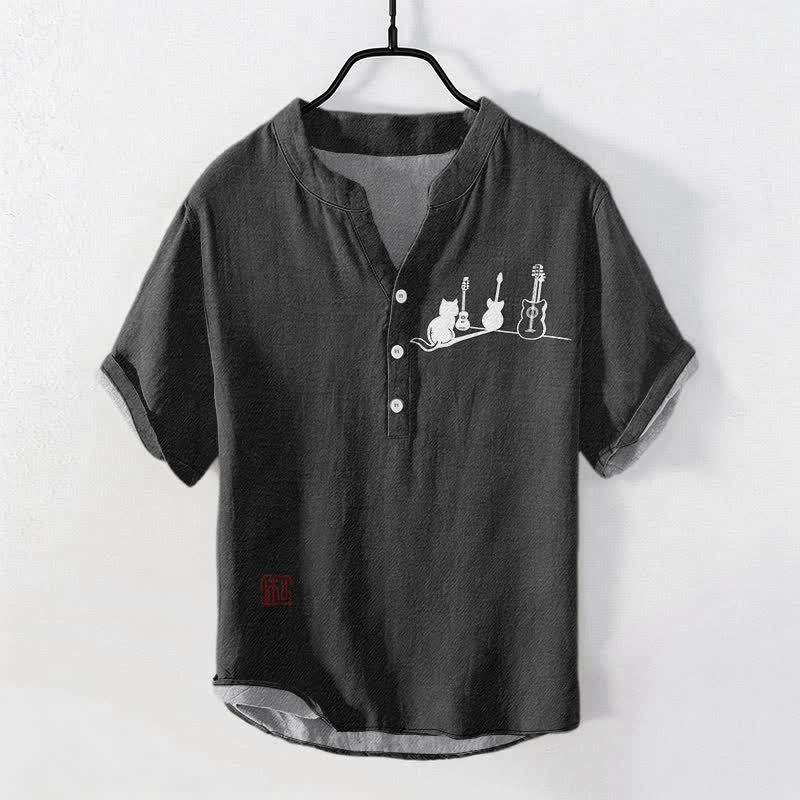 Buddha Stones Cotton Cat Guitar Sketch Pattern Men's Short Sleeve Half Button Shirt - Black - US/UK/AU50，EU60 (5XL) - image 5