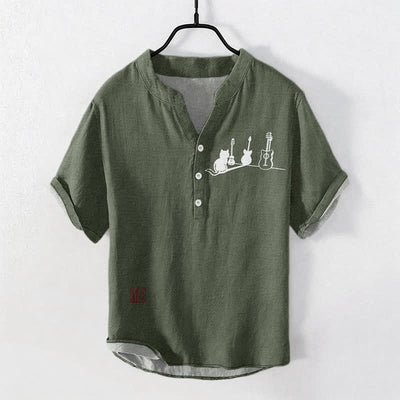 Buddha Stones Cotton Cat Guitar Sketch Pattern Men's Short Sleeve Half Button Shirt - DarkOliveGreen - US/UK/AU50，EU60 (5XL) - image 7