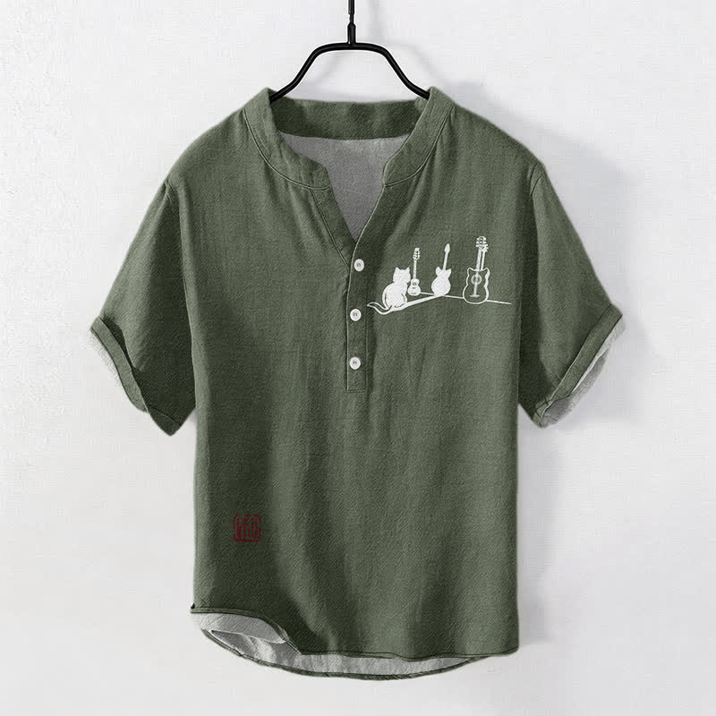 Buddha Stones Cotton Cat Guitar Sketch Pattern Men's Short Sleeve Half Button Shirt - DarkOliveGreen - US/UK/AU50，EU60 (5XL) - image 7