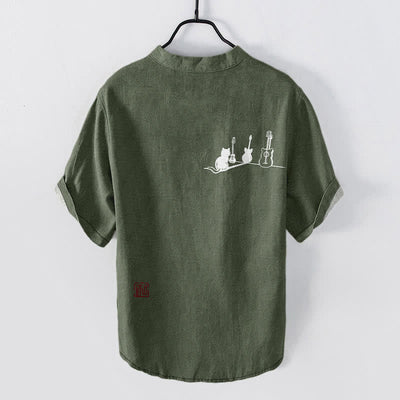 Buddha Stones Cotton Cat Guitar Sketch Pattern Men's Short Sleeve Half Button Shirt - image 8