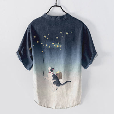 Buddha Stones Cotton Gradient Cat and Stars Pattern Men's Short Sleeve Half Button Shirt - image 1