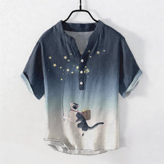 Buddha Stones Cotton Gradient Cat and Stars Pattern Men's Short Sleeve Half Button Shirt - Navy - US/UK/AU50，EU60 (5XL) - image 0