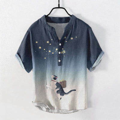 Buddha Stones Cotton Gradient Cat and Stars Pattern Men's Short Sleeve Half Button Shirt - Navy - US/UK/AU50，EU60 (5XL) - image 0